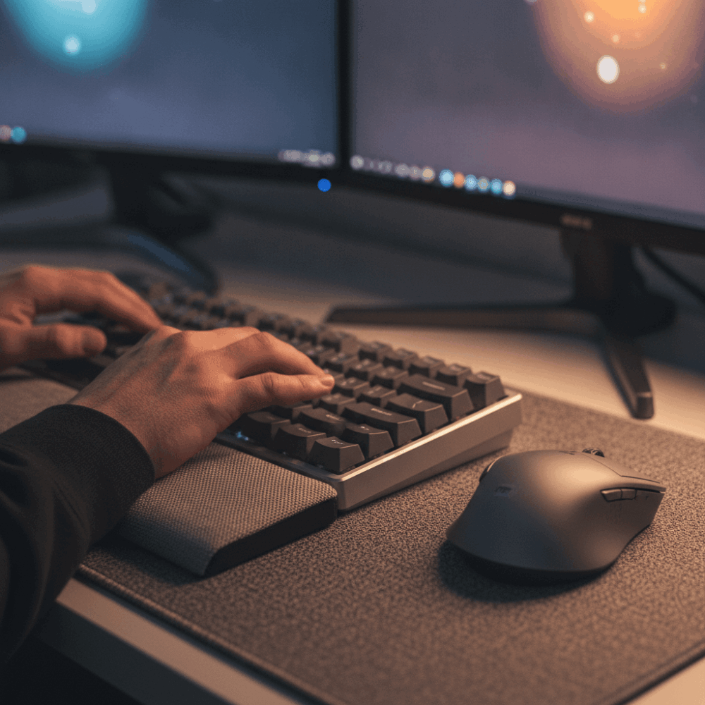Professionnel utilisant un poste de travail double écran avec clavier et souris ergonomiques