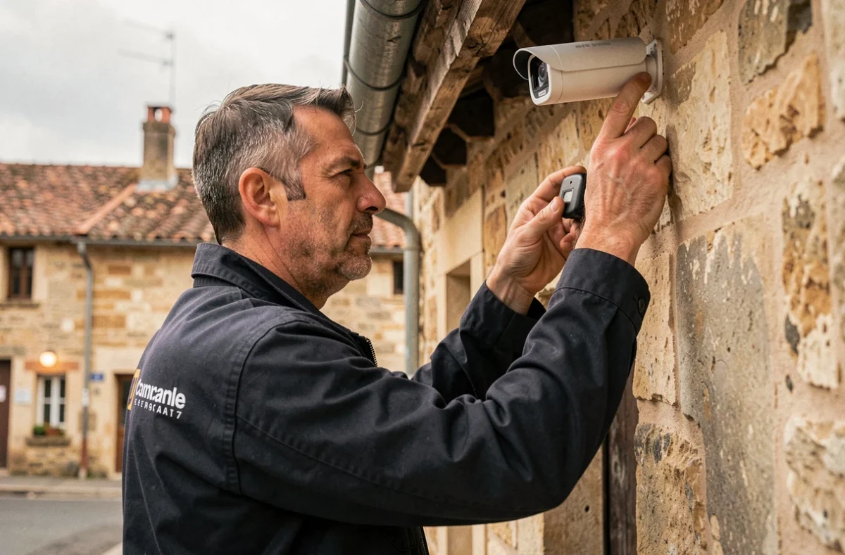 Installateur 2E Sécurité posant une caméra de surveillance sur un bâtiment en pierre typique du Centre-Val de Loire