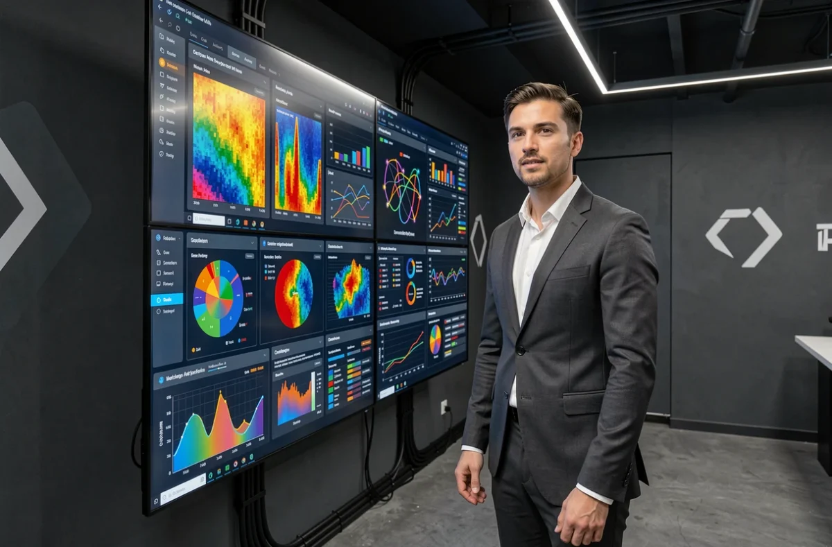 Stratège de 55 Agency analysant des données mobiles sur un mur d'écrans de visualisation