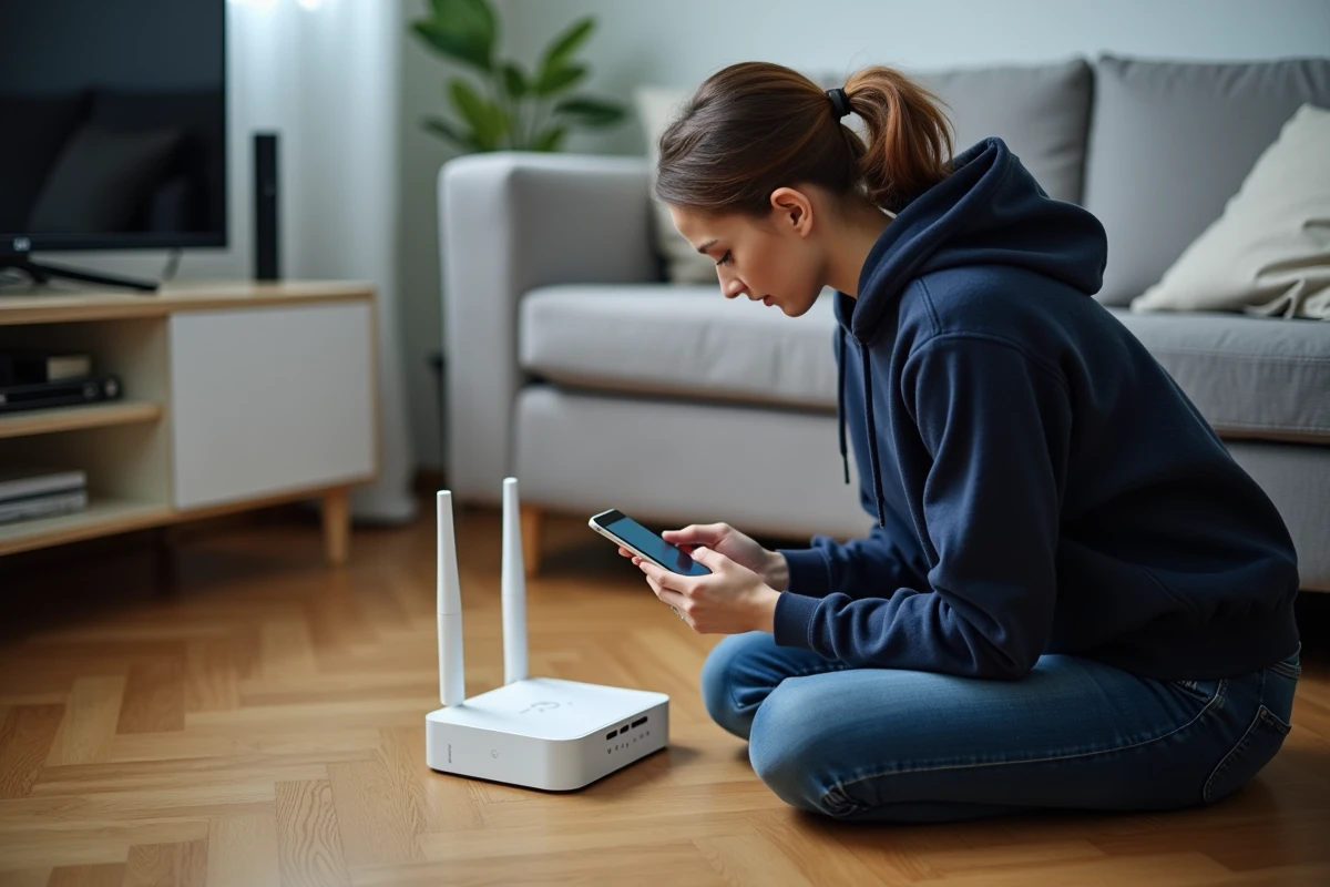 Femme accédant à l'interface locale de sa Freebox depuis son smartphone dans le salon