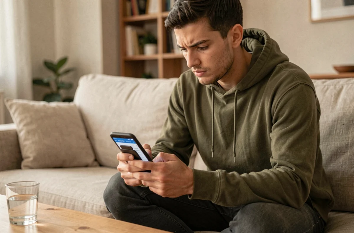 Jeune homme accédant rapidement à son mail académique de Montpellier depuis un smartphone sur son canapé