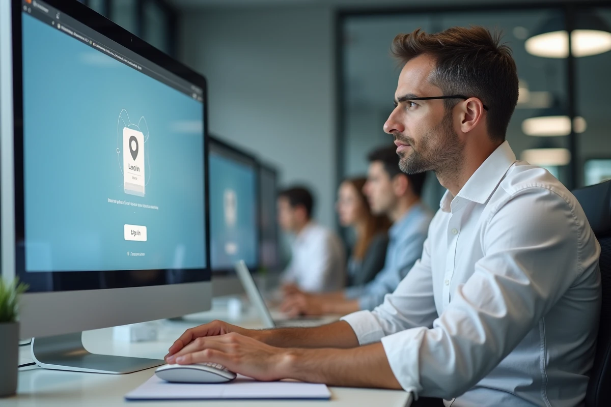 Homme accédant à sa messagerie laposte.net depuis un poste de travail en open space professionnel