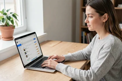 Femme consultant sa messagerie académique de Montpellier sur un ordinateur portable dans un bureau à domicile organisé