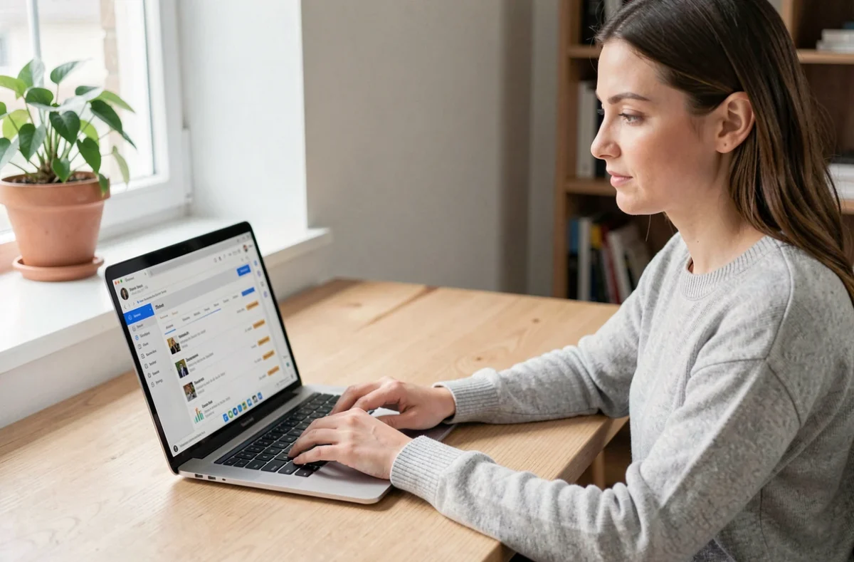 Femme consultant sa messagerie académique de Montpellier sur un ordinateur portable dans un bureau à domicile organisé