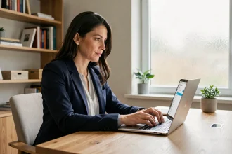 Femme professionnelle accédant à la webmessagerie académique de Versailles sur son ordinateur portable dans un bureau à domicile