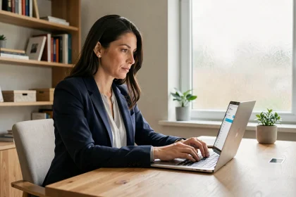 Femme professionnelle accédant à la webmessagerie académique de Versailles sur son ordinateur portable dans un bureau à domicile