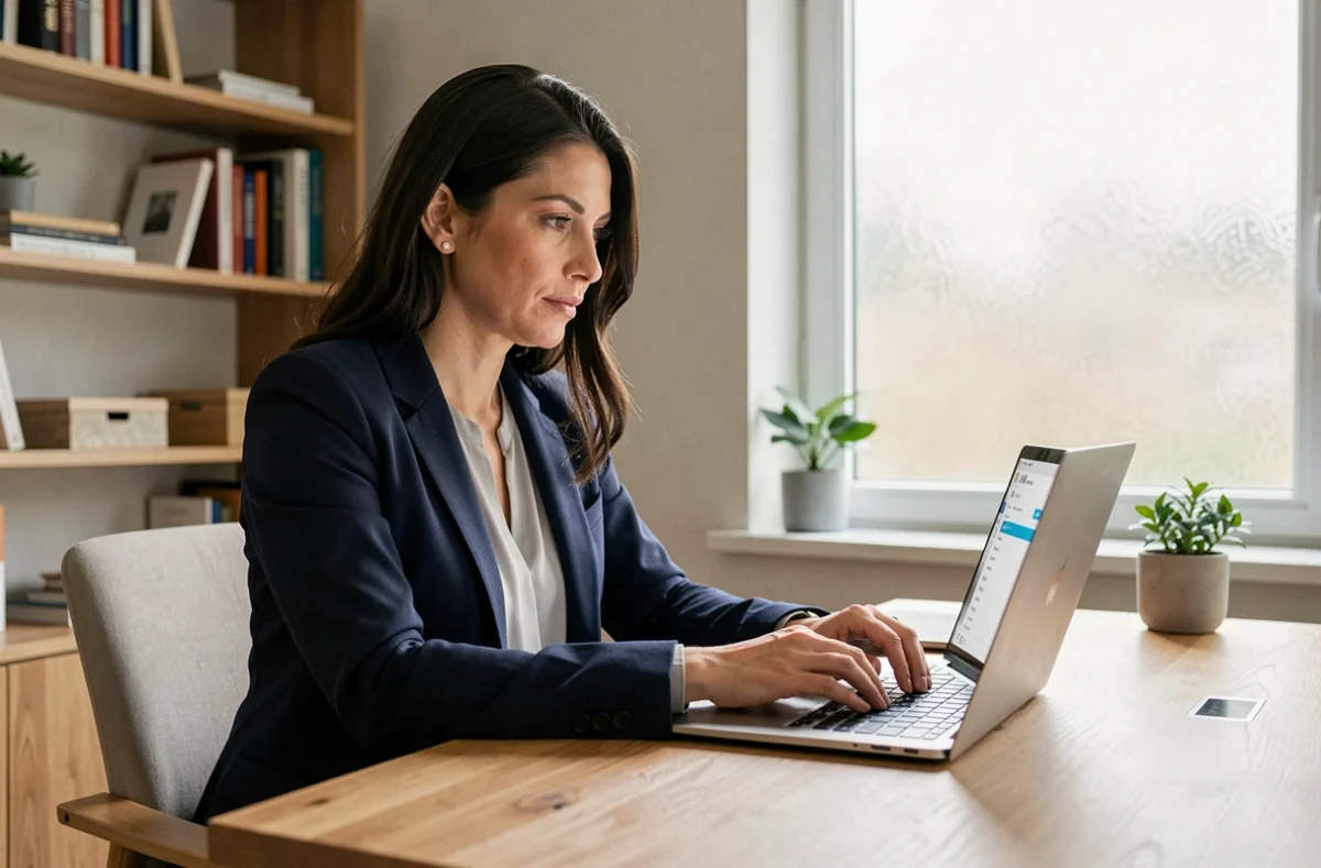 Femme professionnelle accédant à la webmessagerie académique de Versailles sur son ordinateur portable dans un bureau à domicile