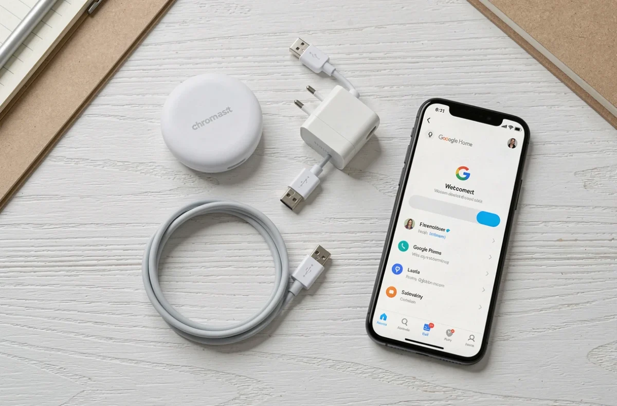 Vue du dessus des accessoires nécessaires pour installer un Chromecast : câble USB, adaptateur et dongle HDMI