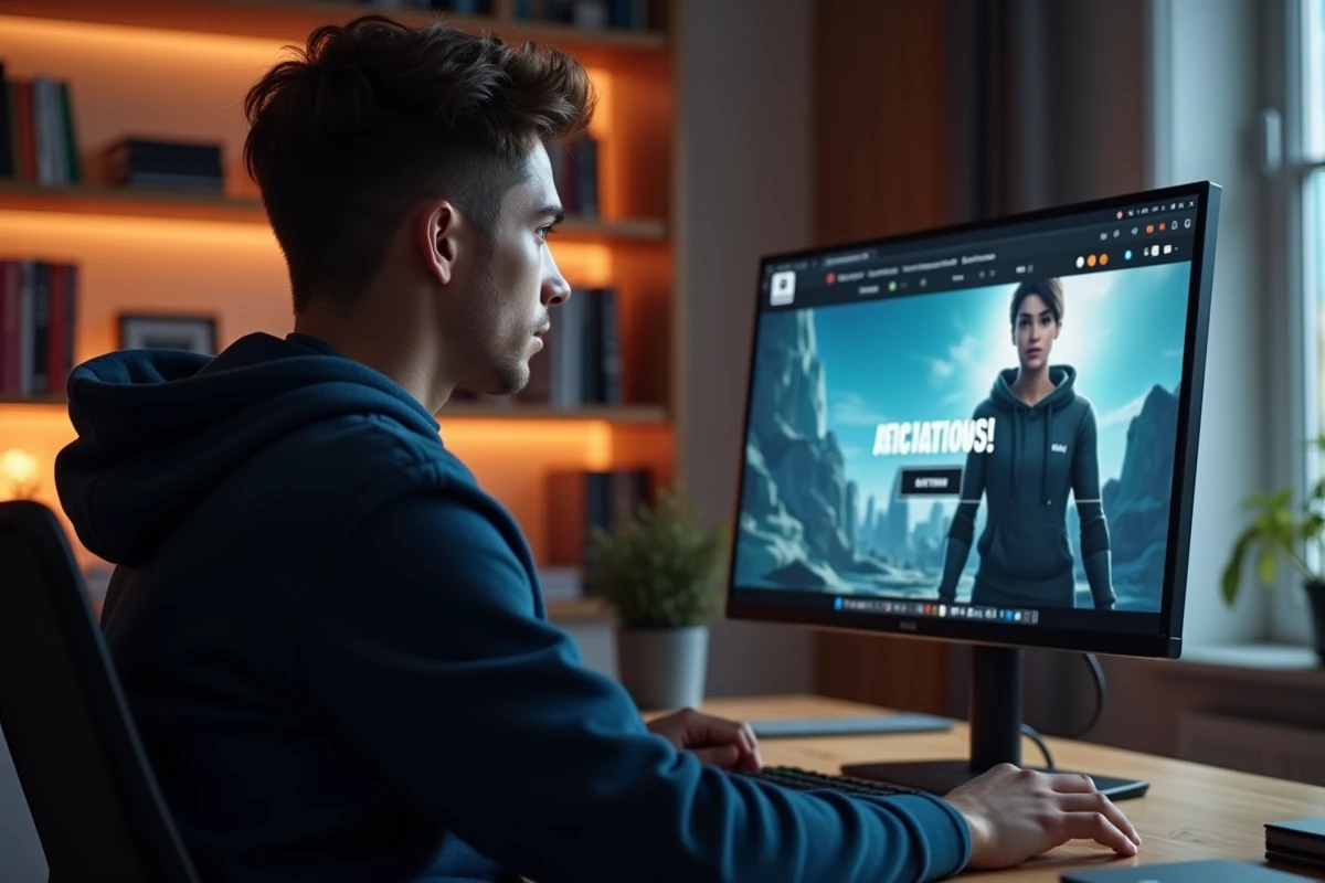 Jeune homme activant son compte Fortnite sur Epic Games depuis un bureau à domicile avec un grand écran affichant la page epic games.com/activate