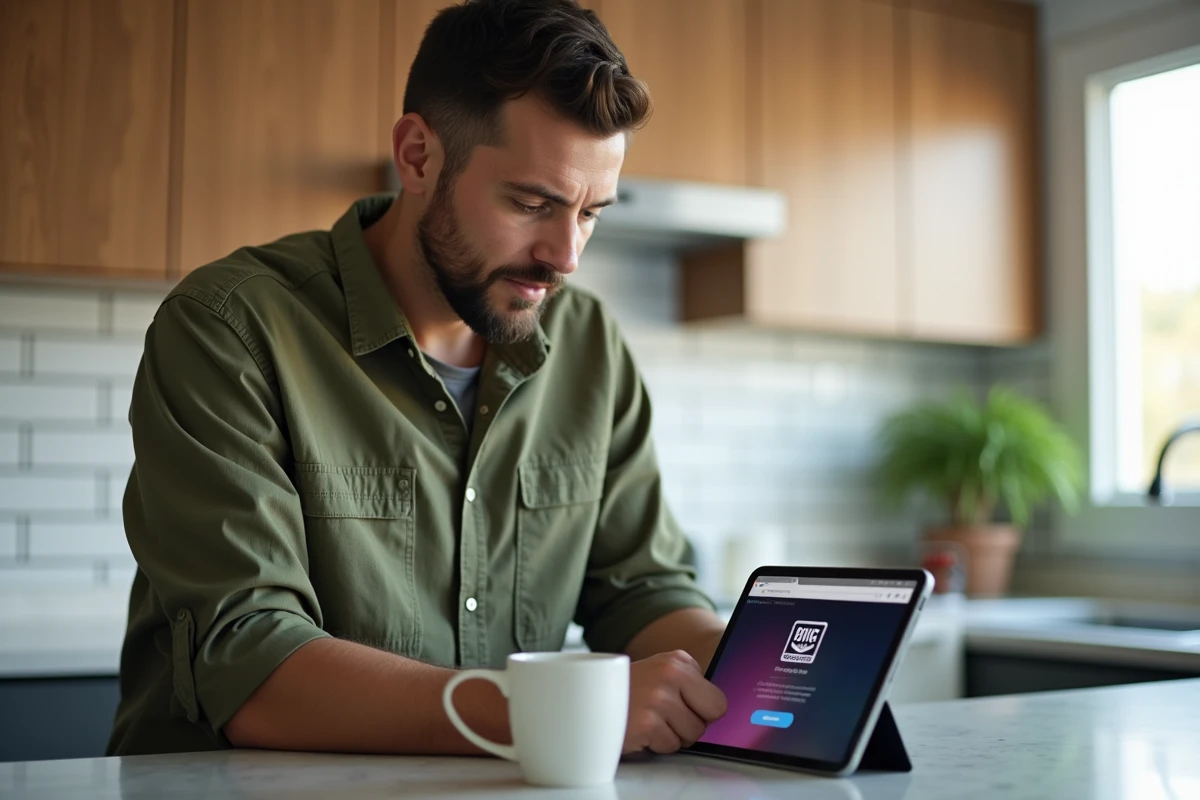 Homme adulte activant son compte Epic Games sur une tablette dans une cuisine moderne pour associer Fortnite à son profil en ligne