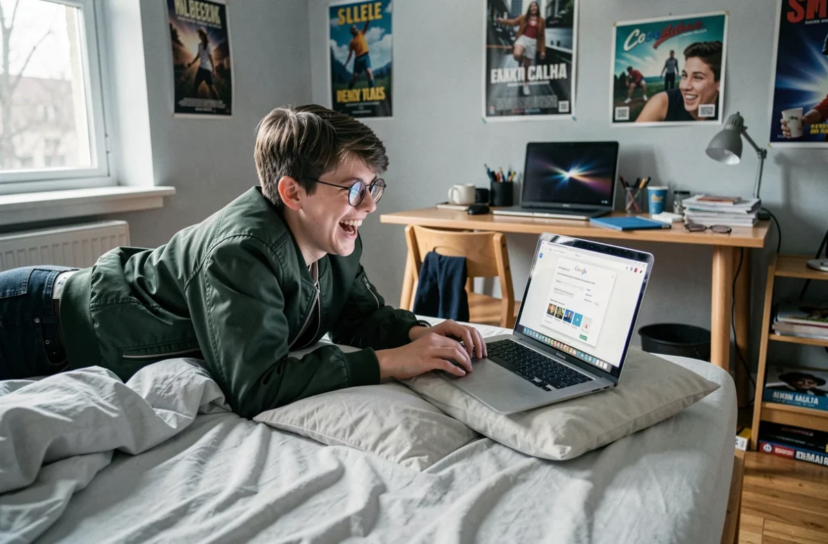 Adolescent hilare regardant l'animation Google Do a Barrel Roll sur son ordinateur portable dans sa chambre