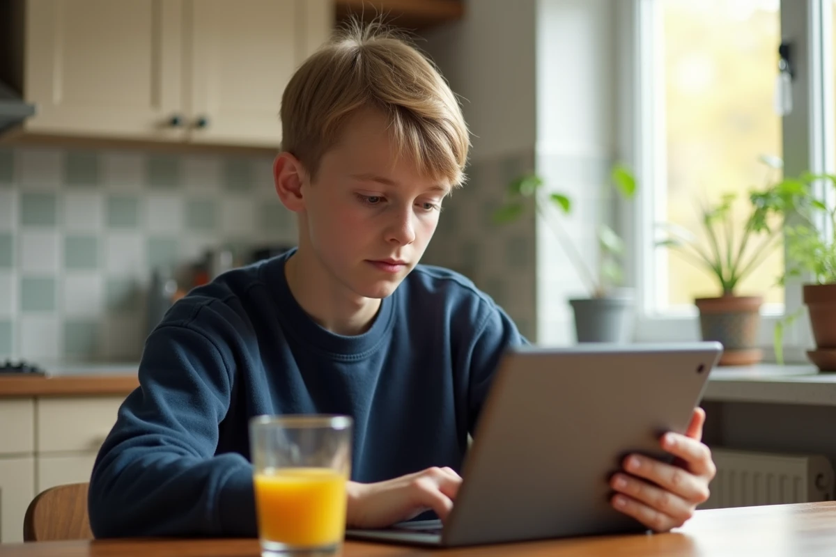 Adolescent consultant une plateforme de discussion sécurisée sur une tablette dans la cuisine familiale
