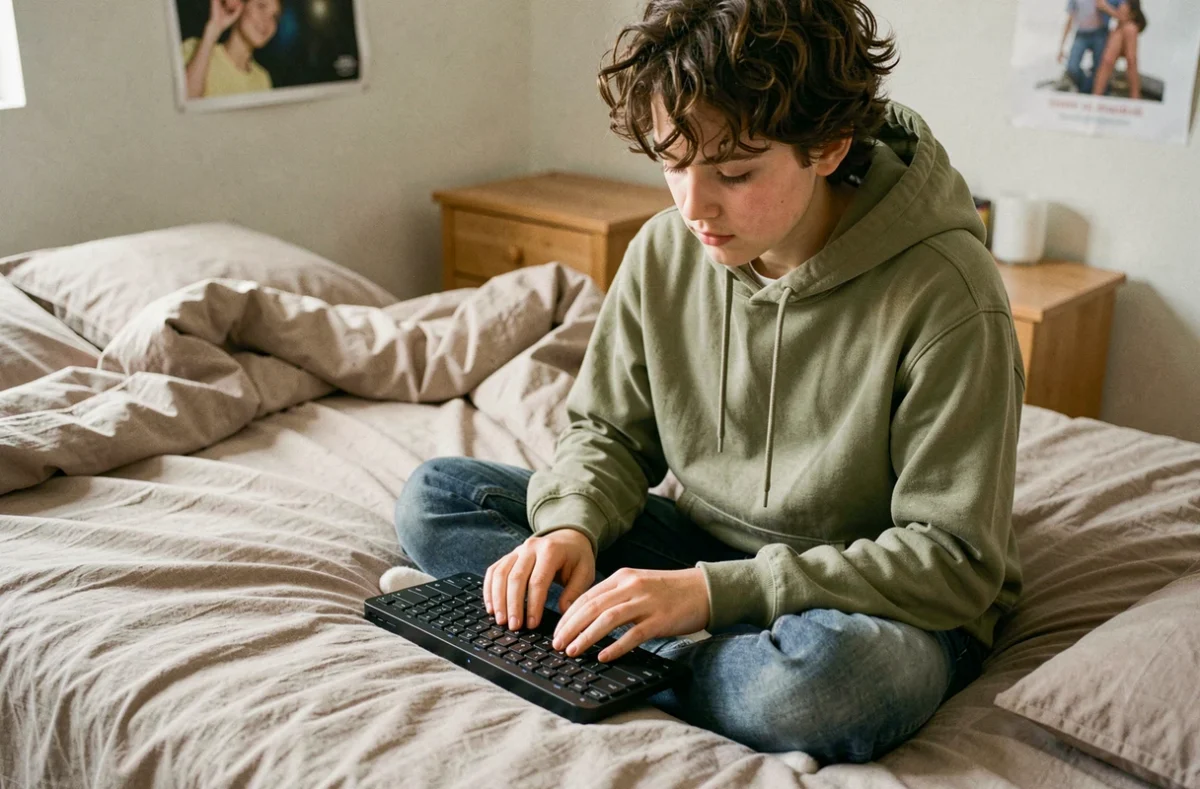 Adolescent recherchant la touche Shift sur un clavier compact sans fil posé sur ses genoux