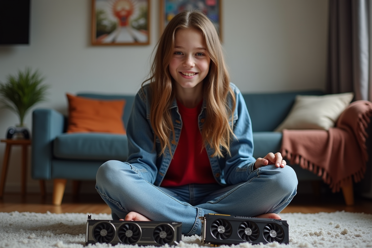 Adolescente souriante compare deux cartes graphiques dans un salon