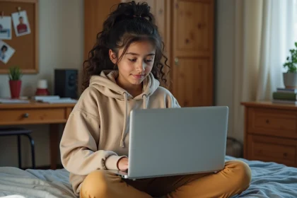 Adolescente utilisant une plateforme de discussion sécurisée sur son ordinateur portable dans sa chambre