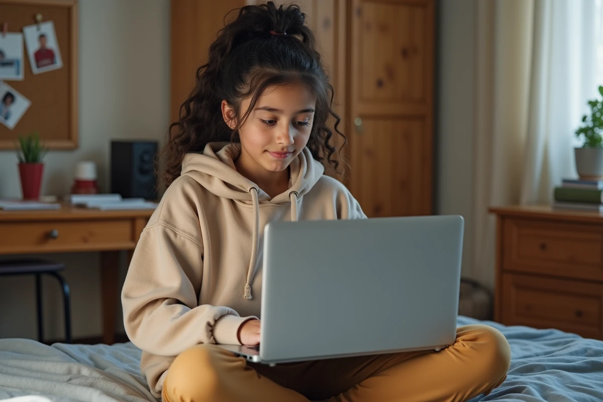 Adolescente utilisant une plateforme de discussion sécurisée sur son ordinateur portable dans sa chambre