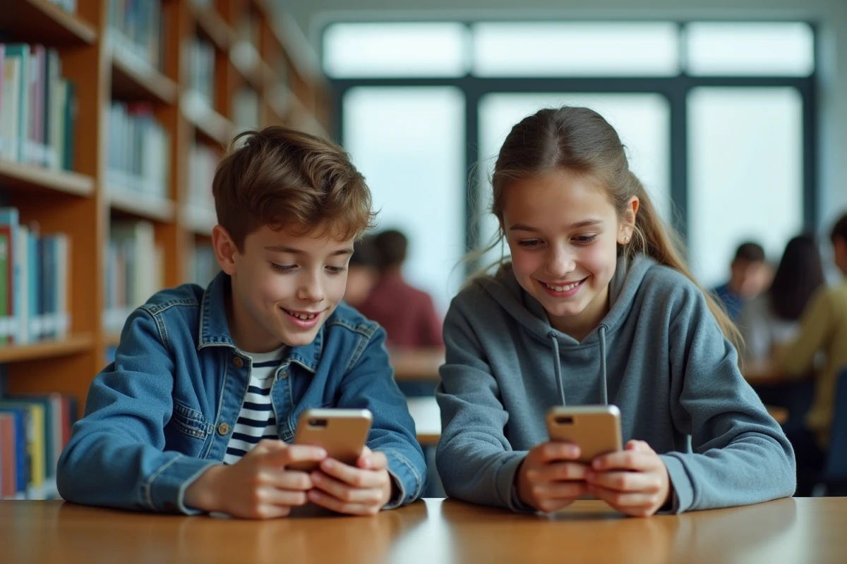Deux adolescents explorant des applications de messagerie alternatives à Coco dans une bibliothèque scolaire
