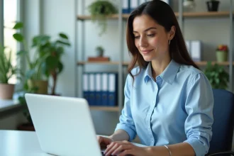 Une AESH consulte sa messagerie professionnelle Mel Versailles sur un ordinateur portable dans un bureau administratif scolaire