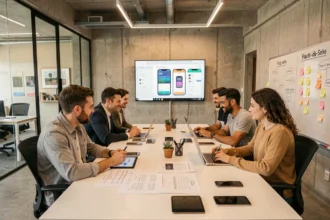 Équipe d'une agence de développement d'applications mobiles en train de collaborer dans un bureau moderne des Hauts-de-Seine