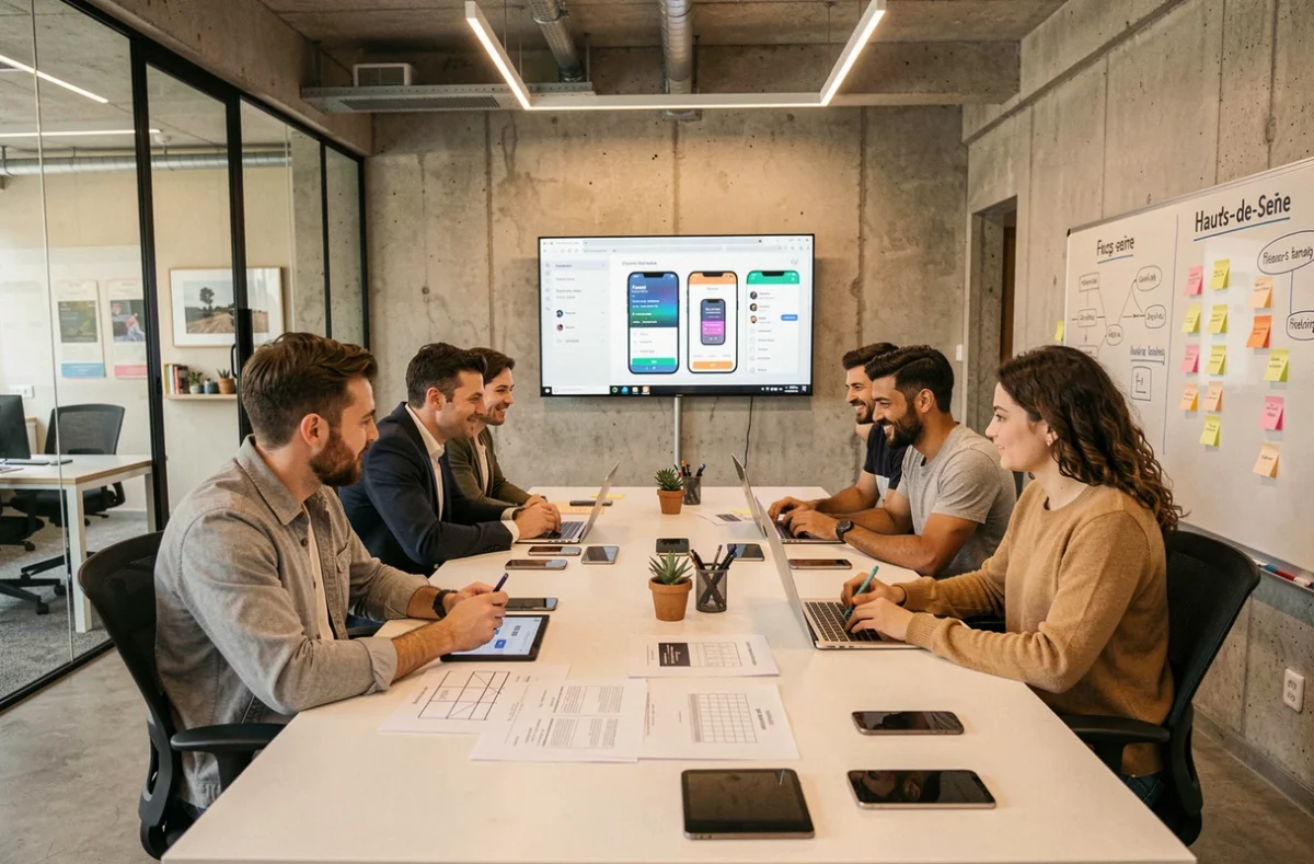 Équipe d'une agence de développement d'applications mobiles en train de collaborer dans un bureau moderne des Hauts-de-Seine