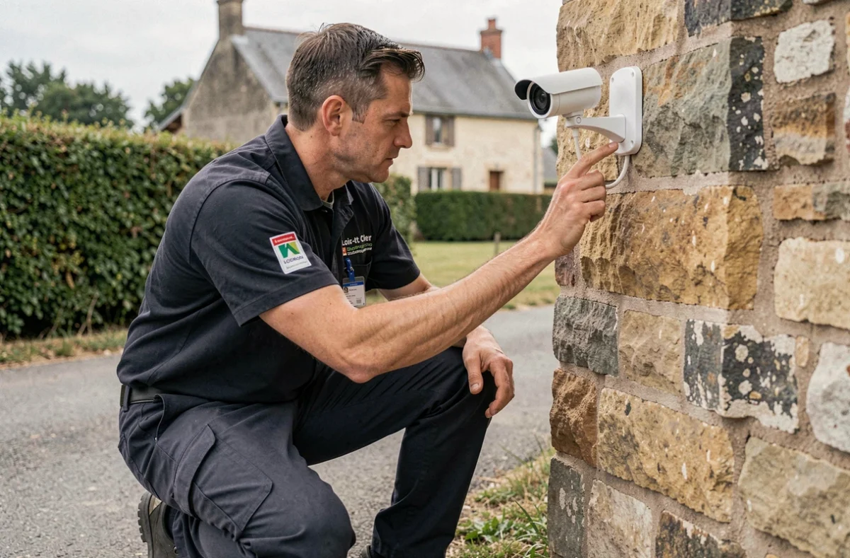 Technicien Alarme Loir-et-Cher du réseau Plus que pro installant une caméra sans fil sur une propriété rurale