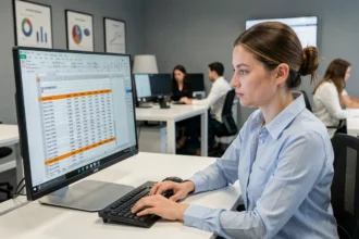 Femme analysant des données de ventes en double sur Excel dans un bureau moderne
