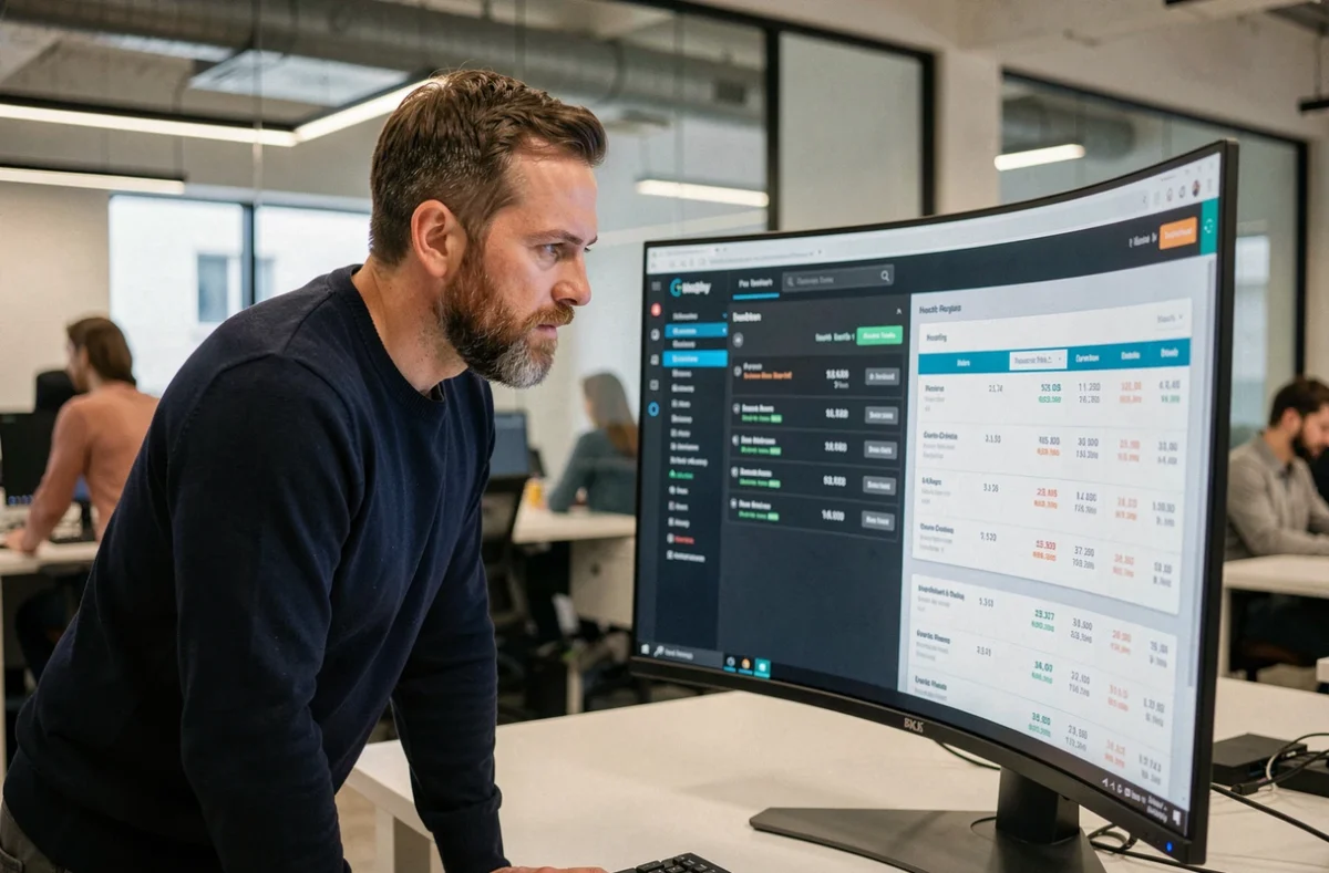 Homme analysant un tableau de bord de serveur et des plans d'hébergement web sur un grand écran dans un bureau moderne