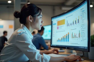 Femme analyste web consultant les résultats d'un test PCS sur un grand écran avec des graphiques de taux de clics dans un bureau moderne