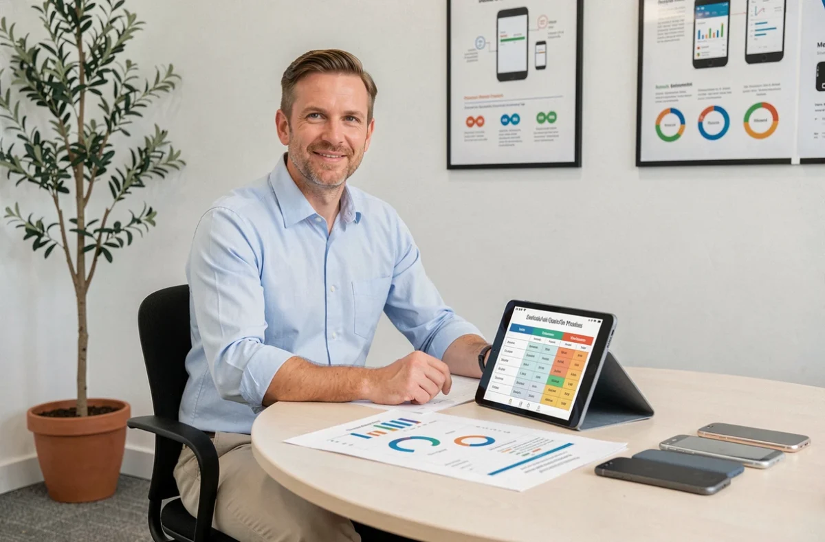 Consultant d'Aquilapp réalisant un comparatif de solutions de développement mobile sur tablette