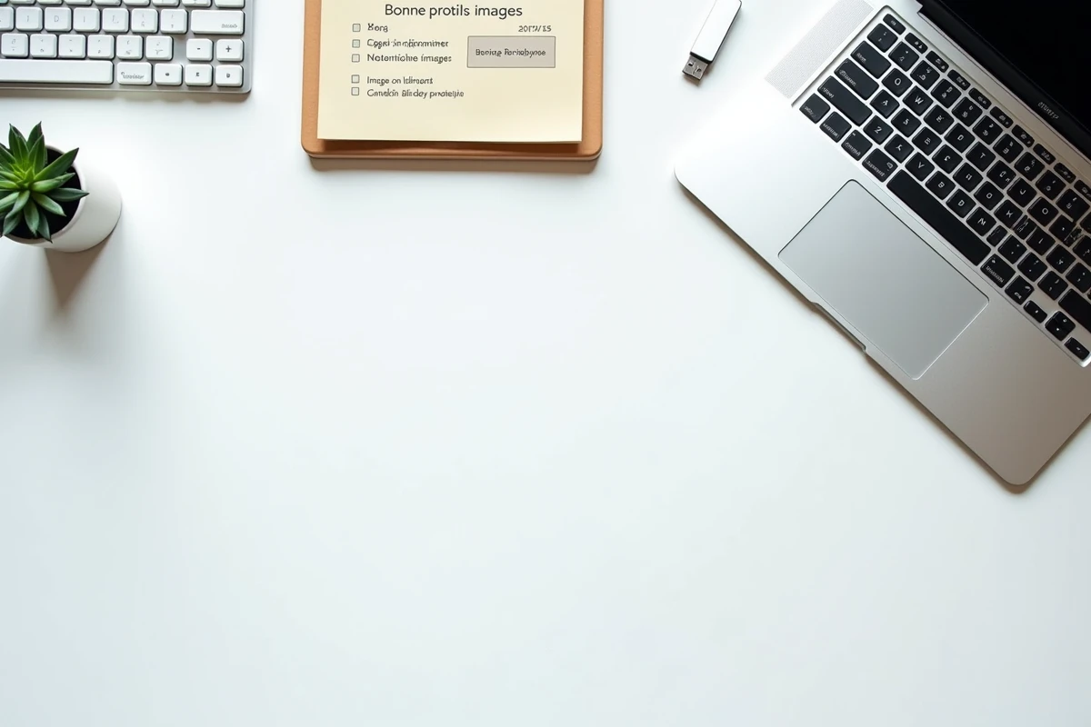 Vue aérienne d'un bureau avec checklist des bonnes pratiques pour les formats et tailles d'images numériques