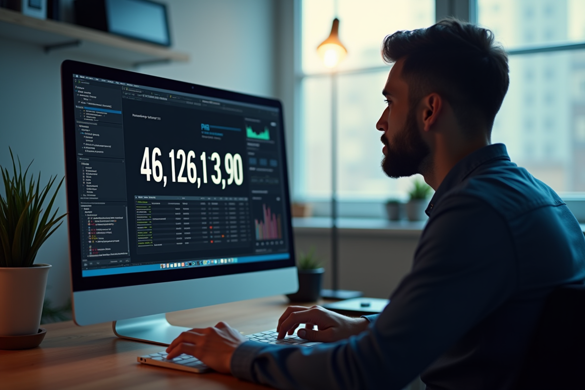 Bureau moderne avec écran affichant des chiffres internet