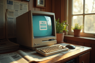 Bureau vintage avec ordinateur des années 90 affichant un flux RSS