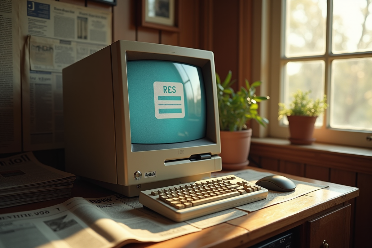 Bureau vintage avec ordinateur des années 90 affichant un flux RSS