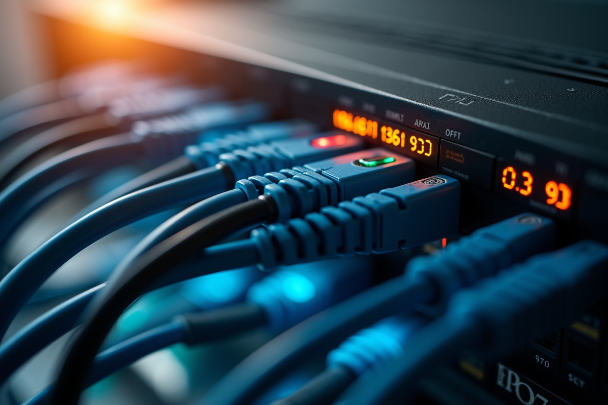 Câbles fibre optique connectés à un routeur haute technologie