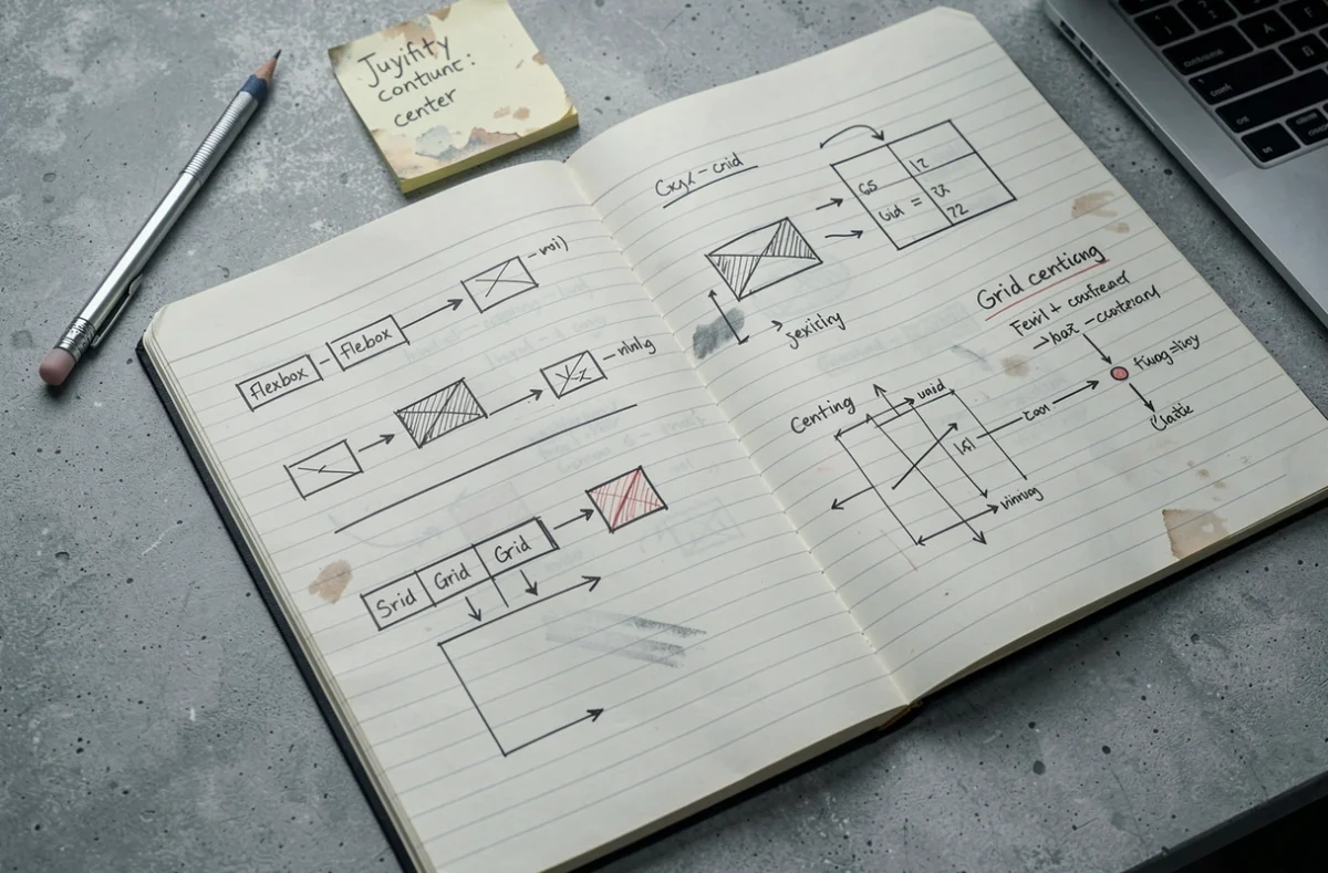Cahier de notes technique avec schémas de centrage CSS Flexbox et Grid vus en plongée sur bureau en béton