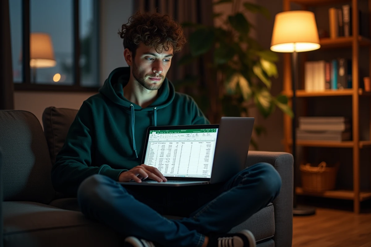 Jeune homme travaillant tard le soir sur Excel pour calculer des soustractions d'heures et gérer des horaires de nuit depuis son domicile