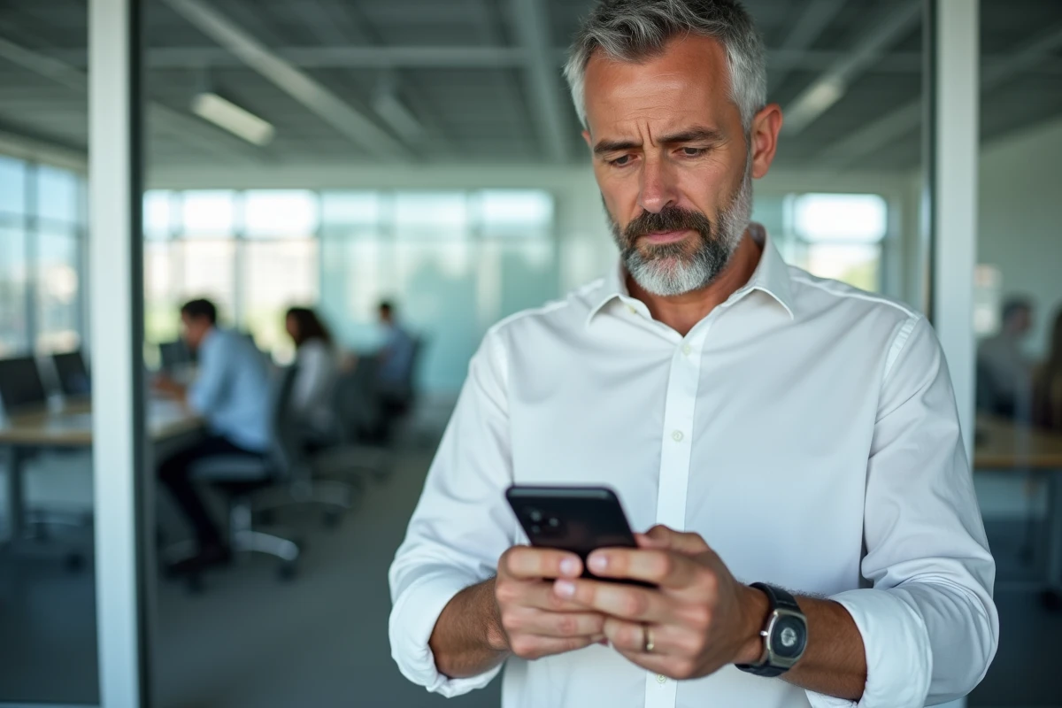 Homme appuyant simultanément sur les boutons d'un smartphone Samsung pour réaliser une capture d'écran dans un bureau moderne en open space