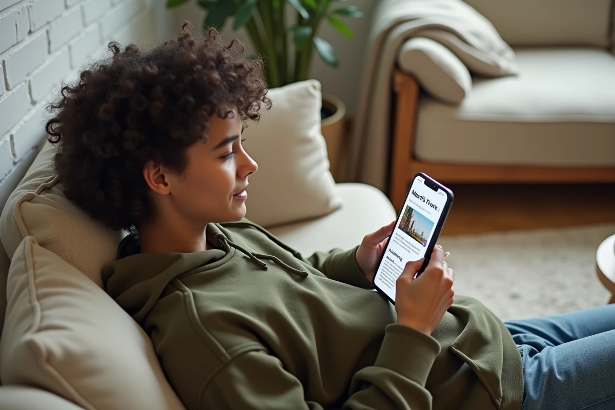Jeune personne allongée sur un canapé en lin utilisant la fonction de capture d'écran défilante sur un Samsung Galaxy pour enregistrer une page web entière