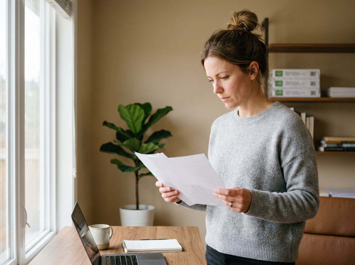 Femme examinant des feuilles de papier de bureau dans un home office moderne et rangé