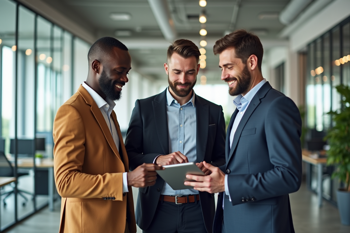Trois collègues discutent de prix sur une tablette en bureau