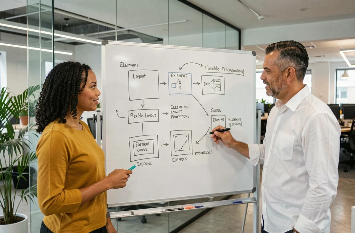 Deux designers collaborant sur un tableau blanc avec des schémas de mise en page flex-grow et flex-extend