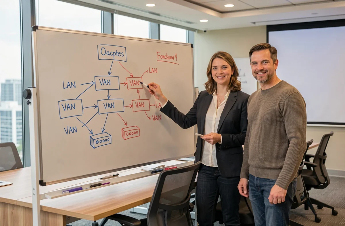 Deux collègues collaborant sur un schéma de topologie LAN et segmentation VLAN au tableau blanc en salle de réunion