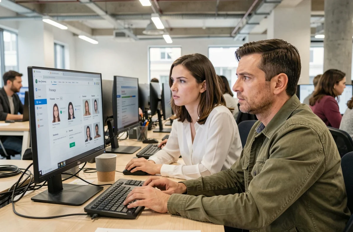 Deux collègues analysant ensemble les résultats d'une recherche par reconnaissance faciale pour comprendre les risques liés à la vie privée en ligne