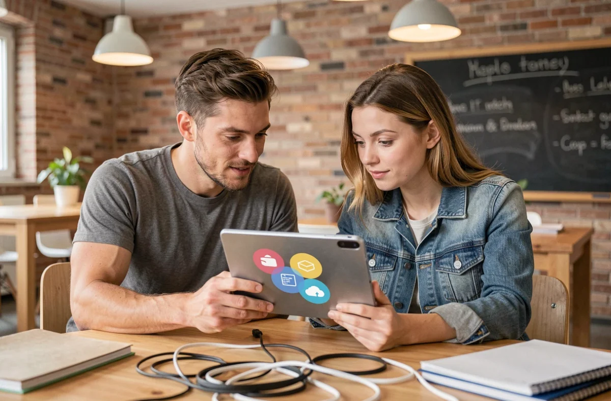 Deux collègues analysant ensemble les différences entre SwissTransfer et un service de stockage cloud sur une tablette dans un espace de co-working