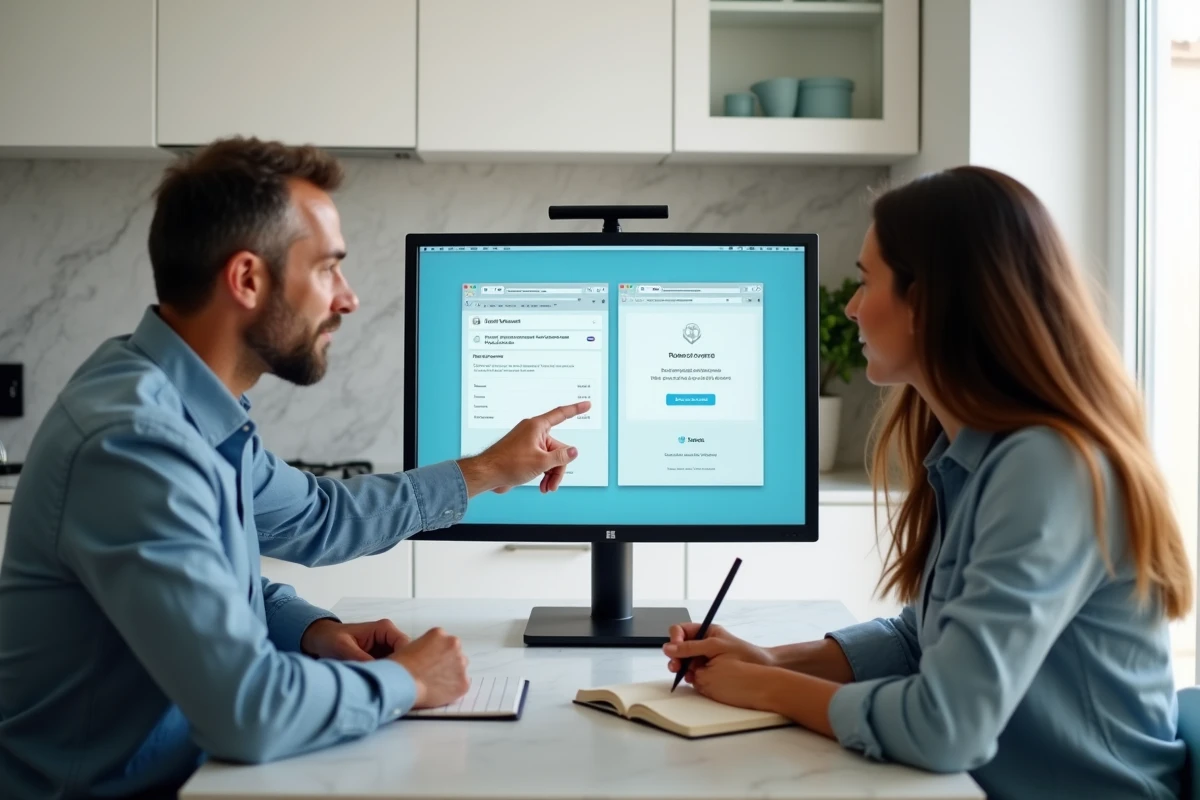 Couple comparant l'interface locale Mafreebox et l'espace abonné Free sur un ordinateur de bureau dans la cuisine