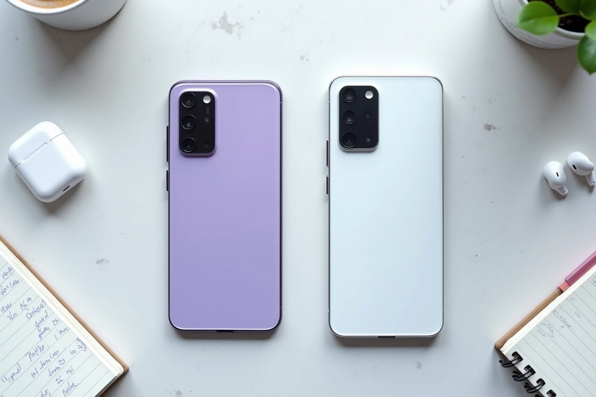 Vue de dessus d'un Samsung Galaxy A35 5G posé à côté d'un iPhone sur une surface en béton pour comparaison