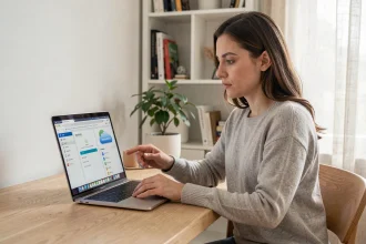 Femme comparant SwissTransfer et un service de stockage cloud classique sur un ordinateur portable dans un bureau à domicile minimaliste