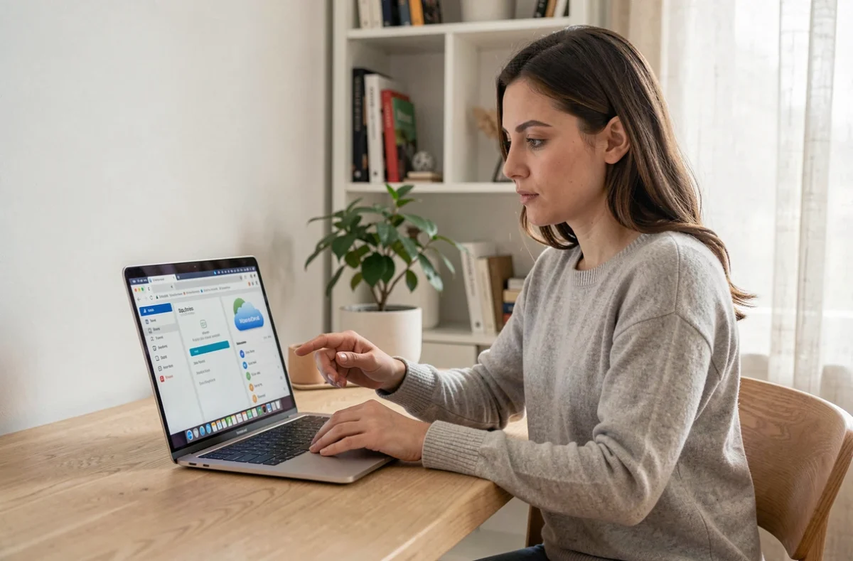 Femme comparant SwissTransfer et un service de stockage cloud classique sur un ordinateur portable dans un bureau à domicile minimaliste