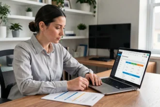 Femme comparant des offres d'hébergeurs web sur un ordinateur portable avec une checklist imprimée sur un bureau en bois