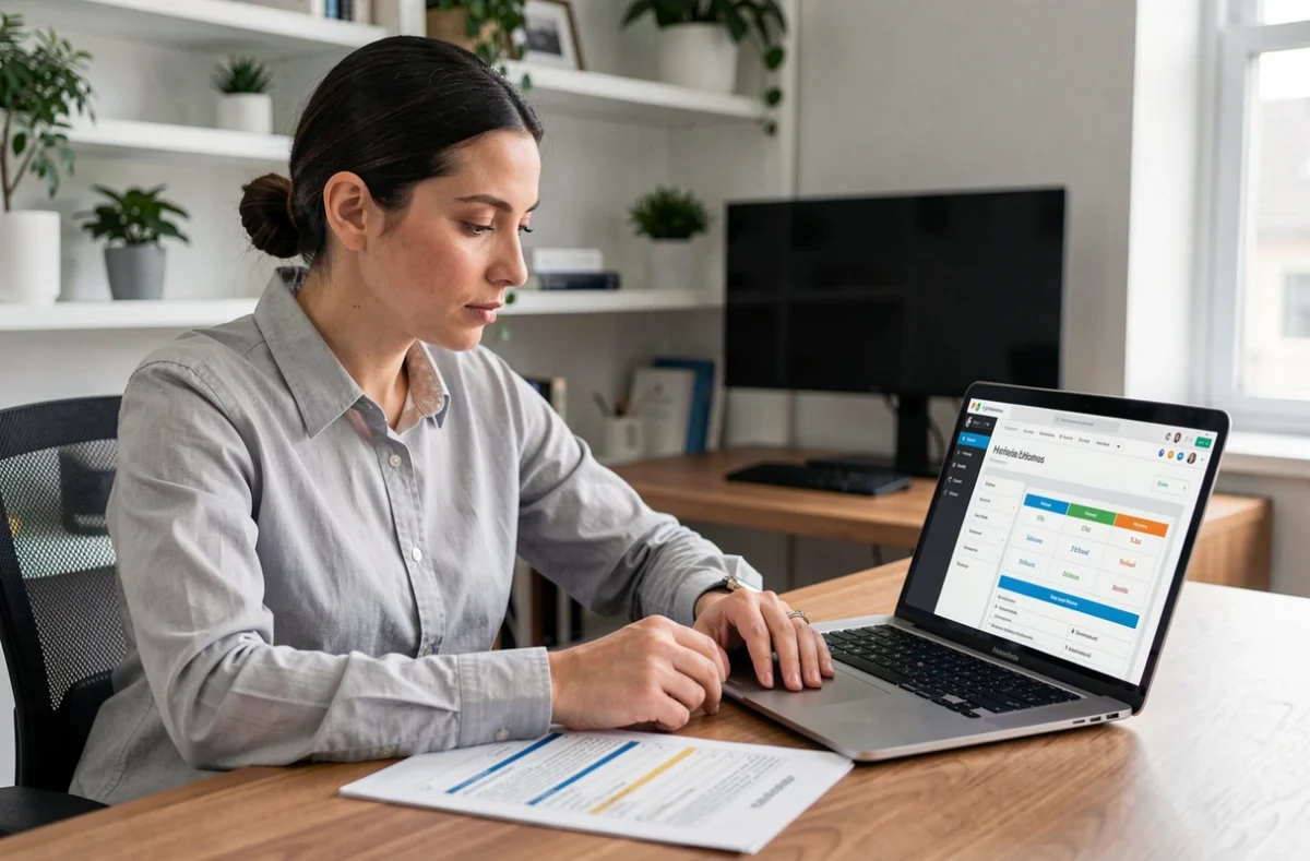 Femme comparant des offres d'hébergeurs web sur un ordinateur portable avec une checklist imprimée sur un bureau en bois